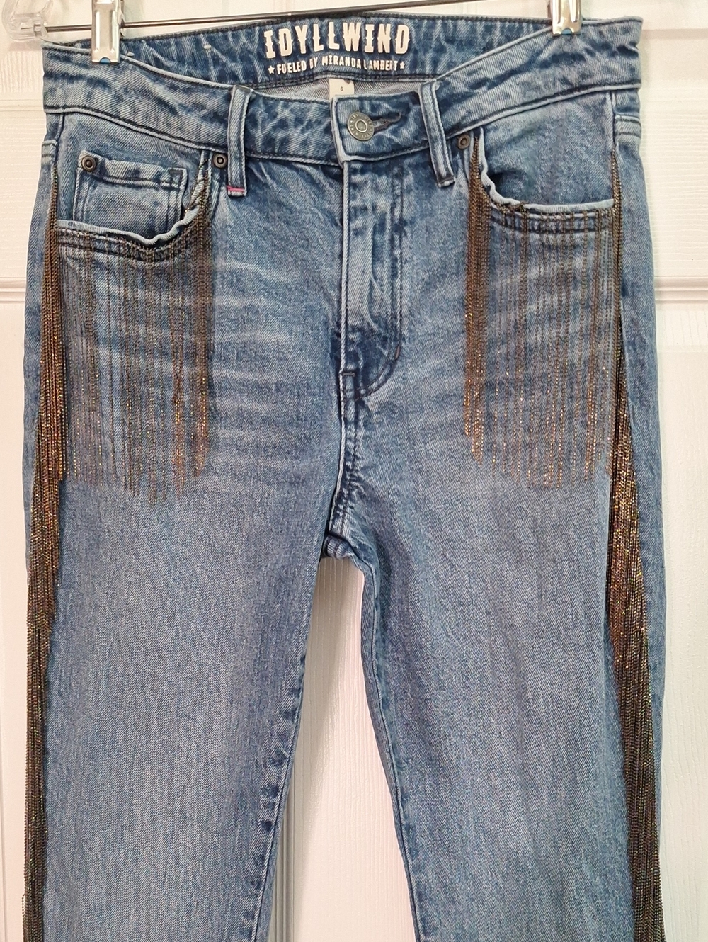 IDYLLWIND Womens Blue Denim Jeans with Metallic Fringe Trim